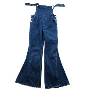 Womens Bib Overalls Large Blue Denim Flare Leg Vintage Medium Wash Casual Y2K
